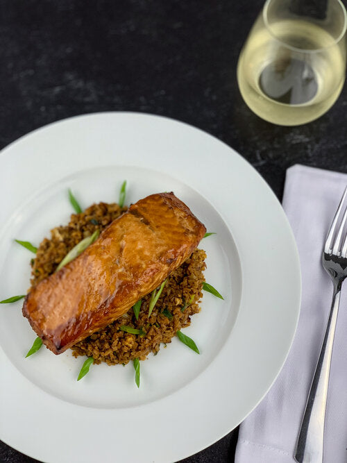Cedar Plank Teriyaki Glazed Salmon and Garlic-Butter Cauliflower Fried Rice