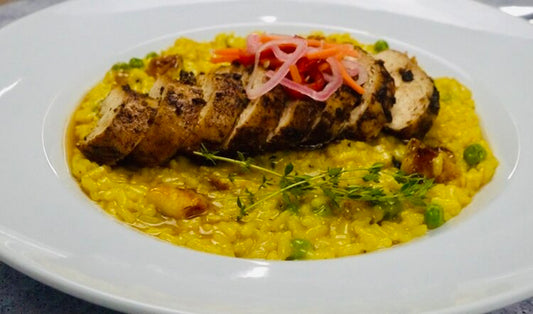 Fried Sweet Plantain Risotto w/ Jerk Chicken