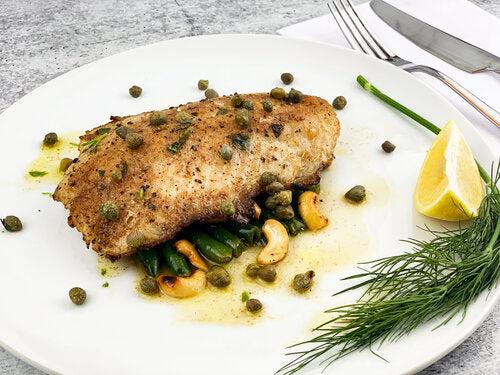 Pan-Seared Walleye w/Brown Butter Lemon Sauce and Cashew-Green Beans