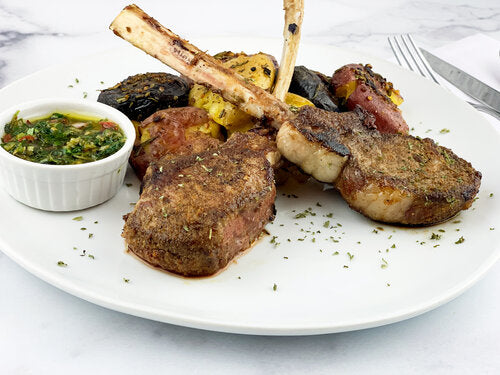 Seared Lamb Chops w/ Mint Chimichurri and Smashed Potatoes