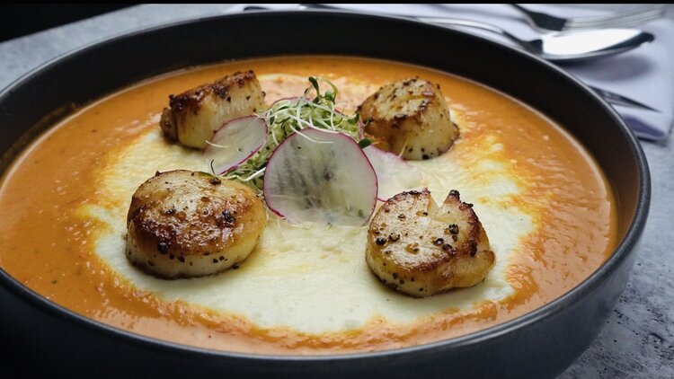 Spicy Tomato Purée w/ Smoked Seared Scallops
